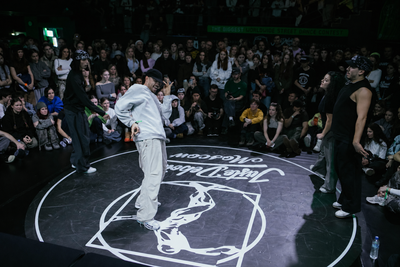 Dance battle at Juste Debout Moscow surrounded by spectators